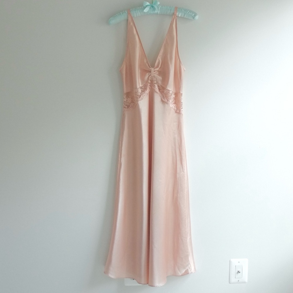 1990s Vintage Enchanted Peach Full Length Slip Dress
